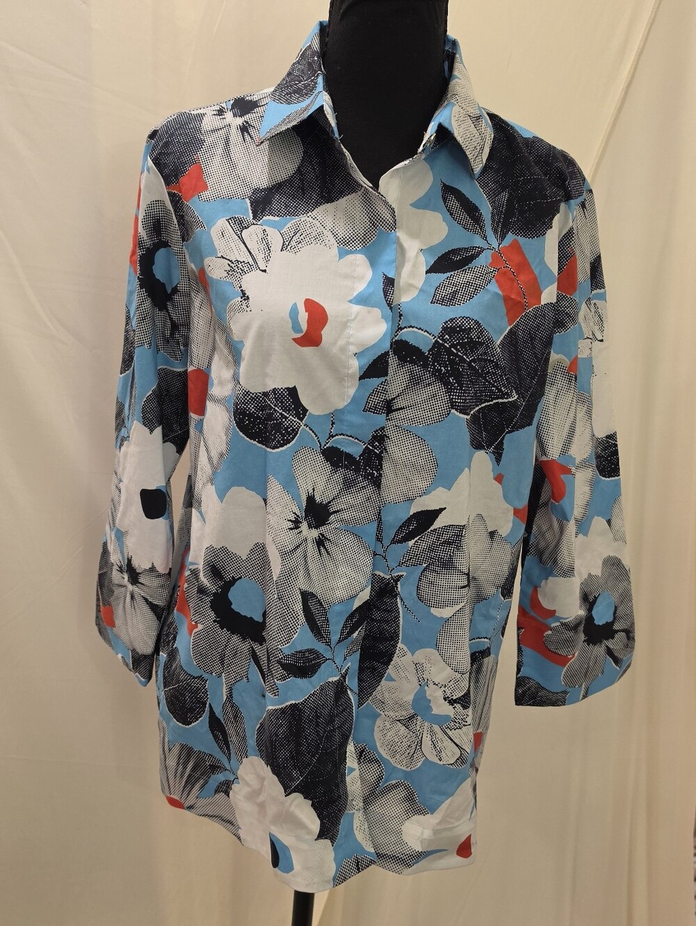 Hinson Wu Halsey Pop Art Flower Button Down Shirt Blue Floral Cotton Blend